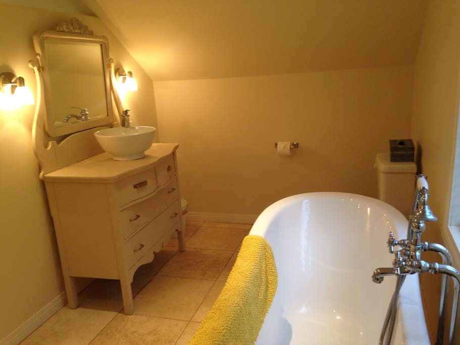 Bathroom with open concept and claw foot tub.
