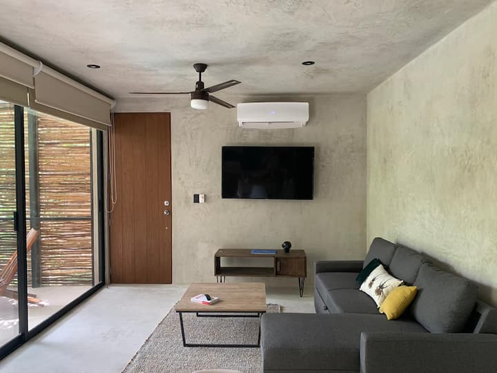 ห้องนั่งเล่นที่มีทีวีระเบียงและแสงธรรมชาติ
