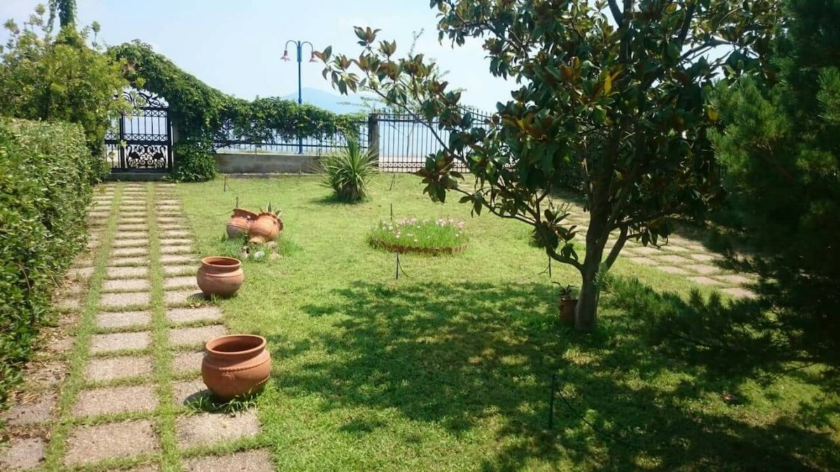A spacious garden features well-maintained grass with neatly arranged stone pathways. Several clay pots are placed around, and colorful flowers bloom in a circular formation. A decorative light fixture can be seen in the background, alongside a view of the water and lush greenery.
