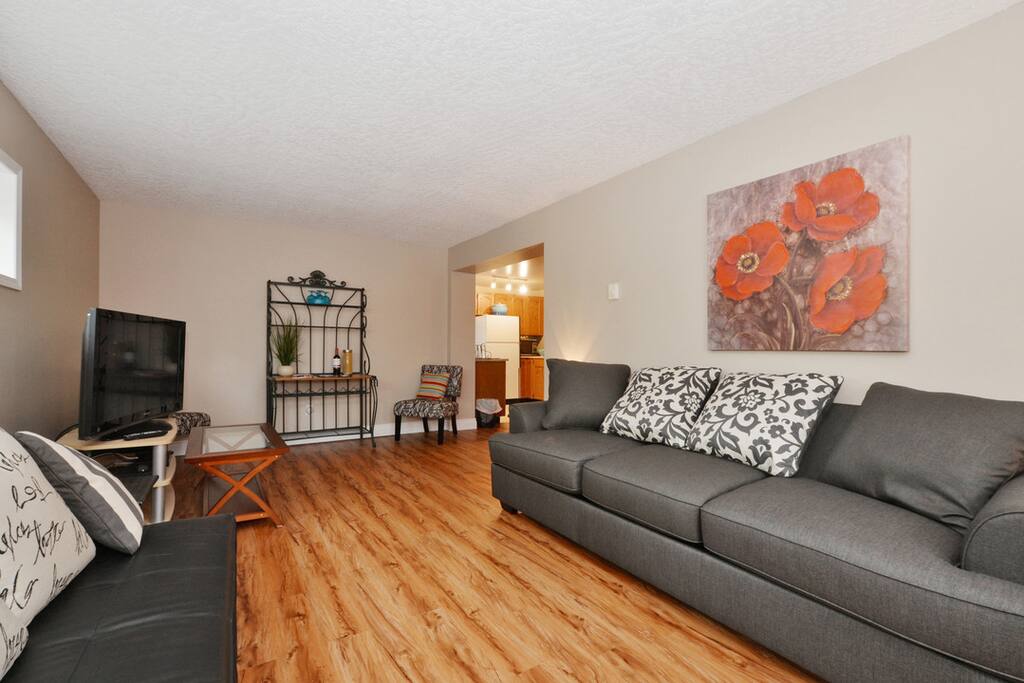 Big living room with extra queen hide a bed couch.