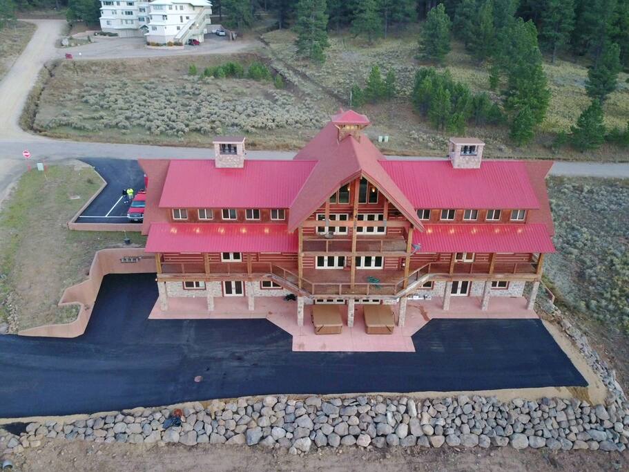 Lodge and hostel from the air out back