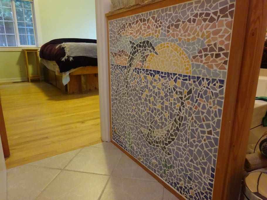 Fun mosaic tile in the bathroom.