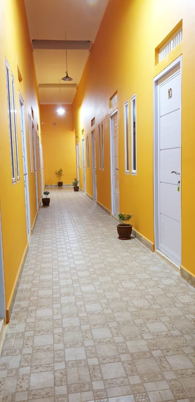 A vibrant corridor is lined with doors, each featuring a window panel for natural light. Small potted plants are placed at intervals along the tiled floor, which is complemented by warm orange walls, creating an inviting atmosphere.