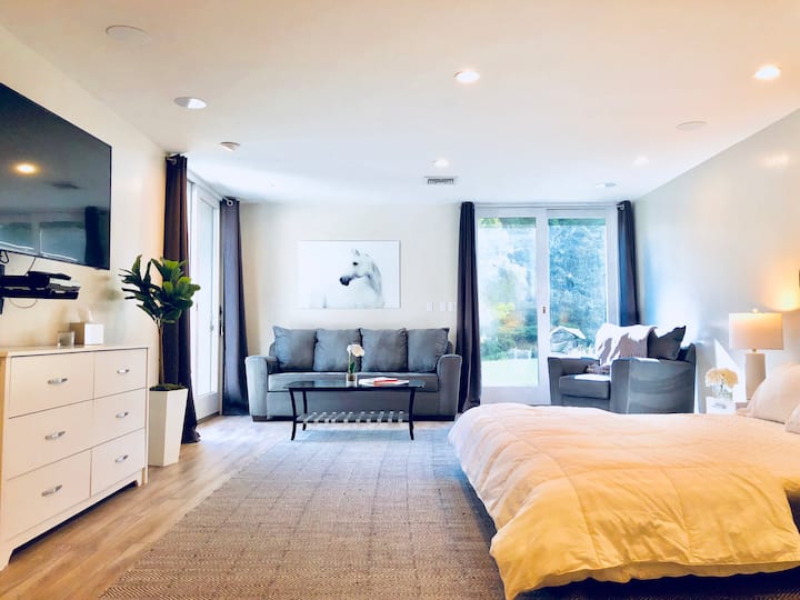 Oversized suite with King Bed, flat screen TV, and sleeping sofa. 