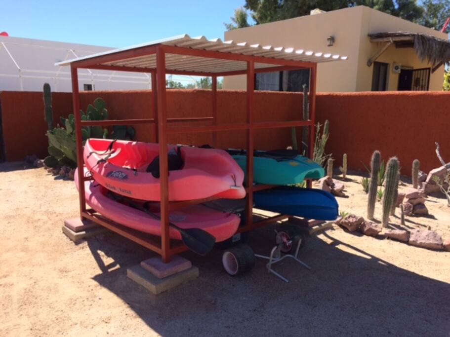 Kayaks, life jackets and paddles for your use