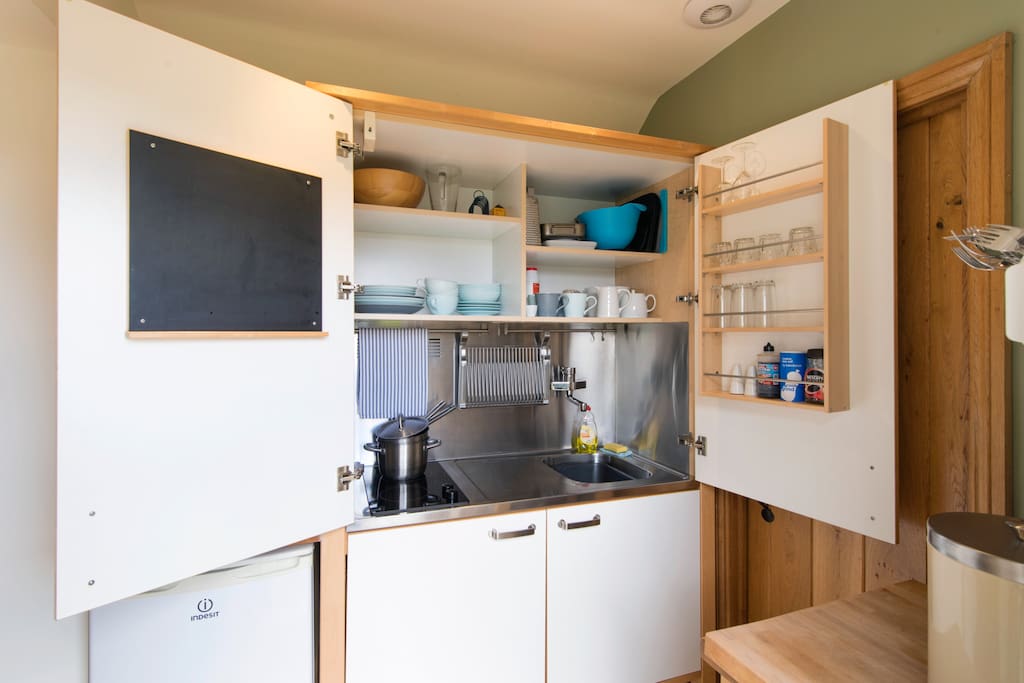 Concealed kitchen with electric oven, grill, hob and microwave combined.