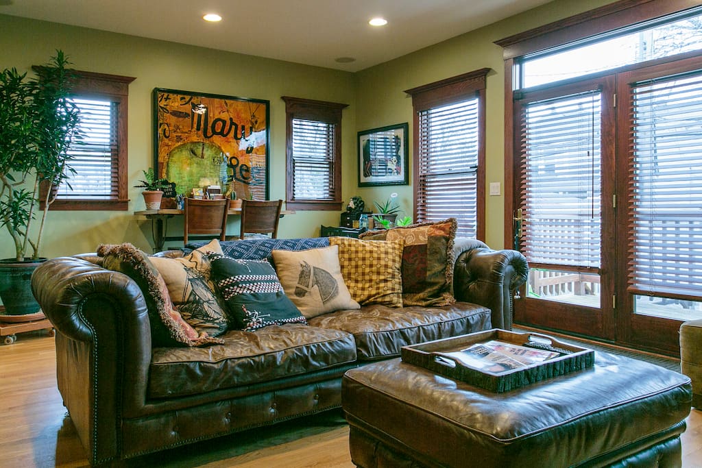 Comfy couch with lots of pillows