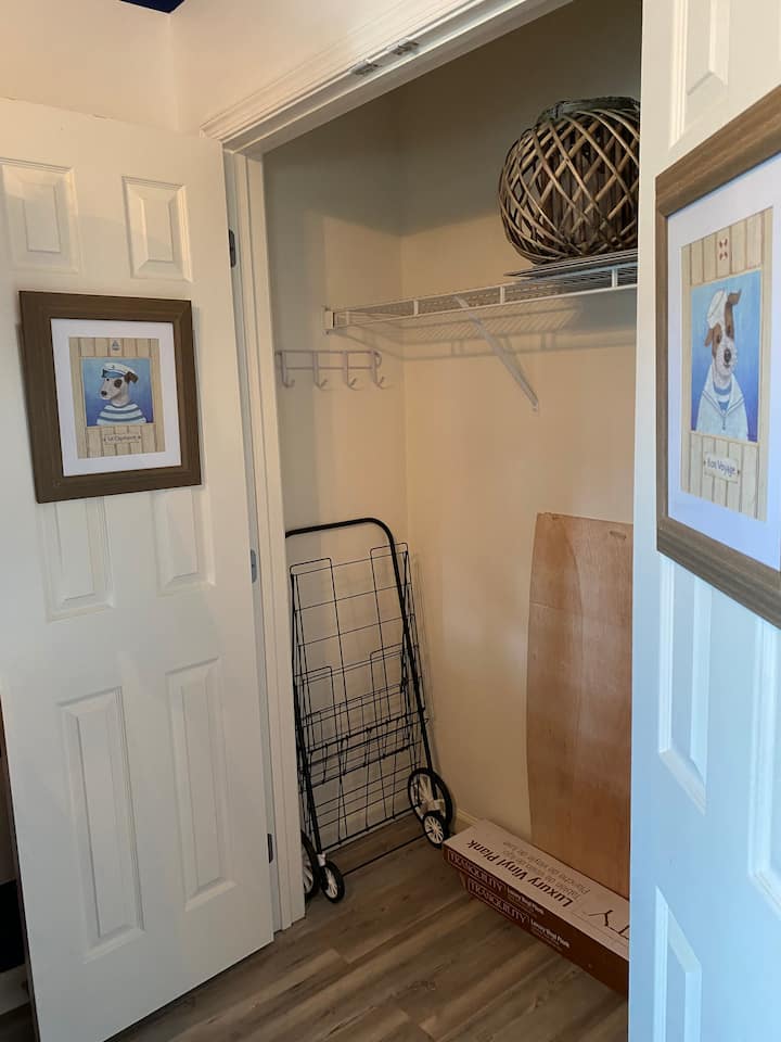 Spacious closet with cart to help with loading and unloading from the parking lot. (Not beach worthy!) 