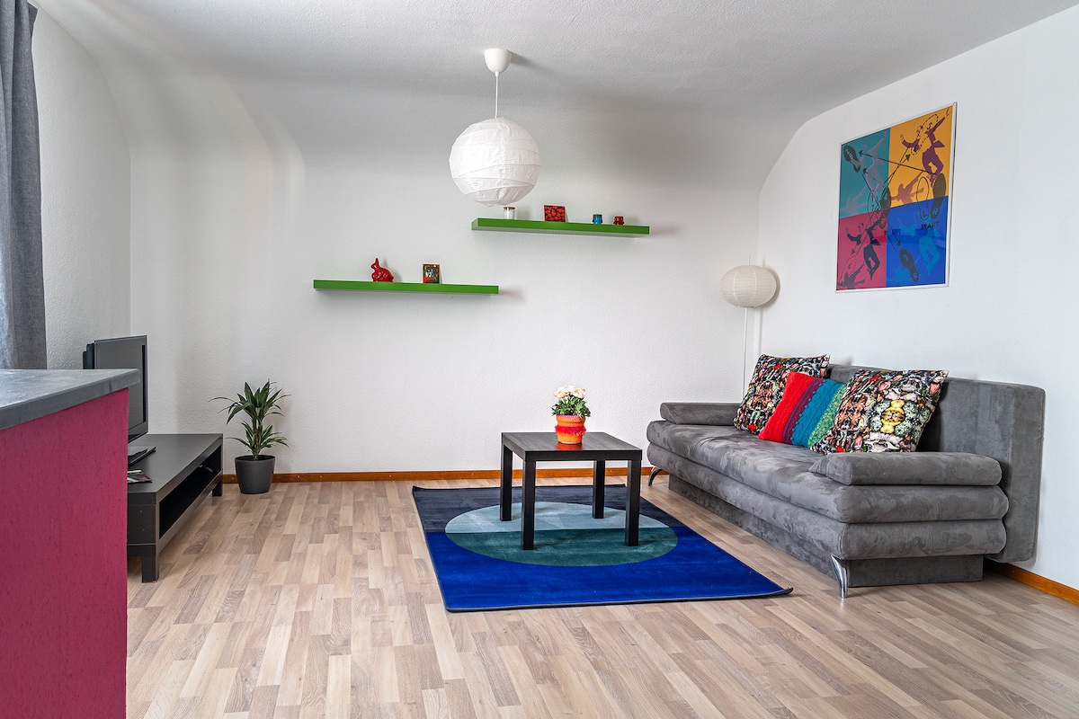 A spacious living area features a grey sofa adorned with colorful cushions. A coffee table sits in front of the sofa on a circular blue area rug. Wall shelves display decorative items, while a potted plant adds a touch of greenery. Natural light fills the room.