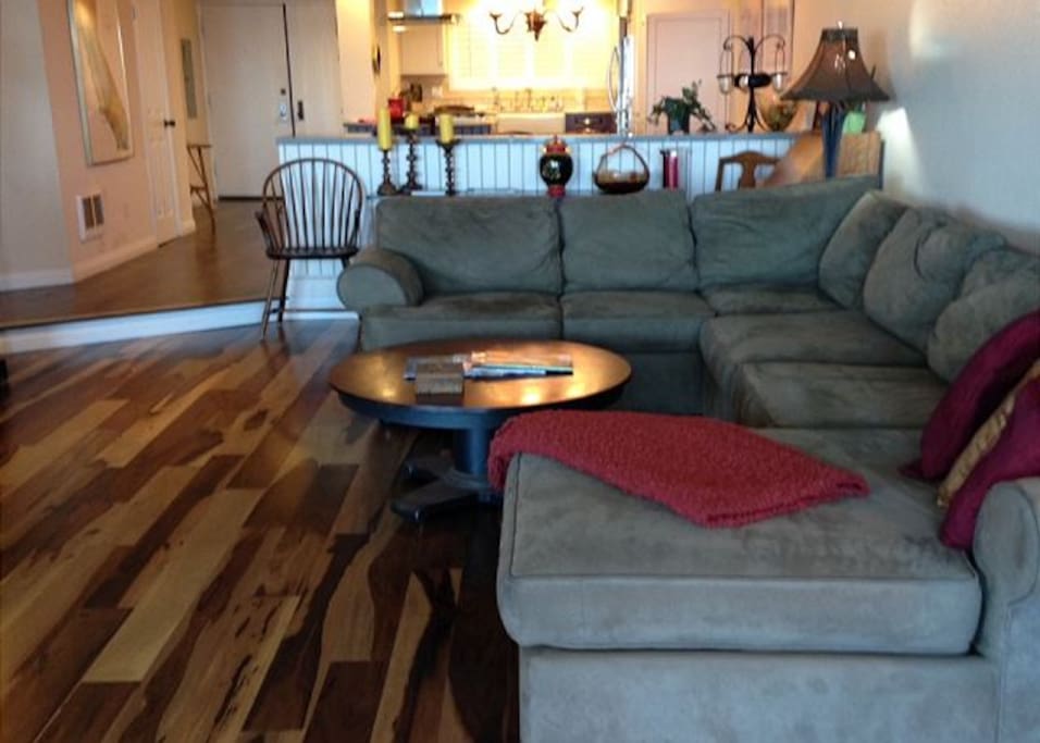 Living room w/comfy couch and new wood flooring.