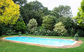 A swimming pool is surrounded by lush greenery, featuring vibrant trees and flowering plants. The clear blue water is framed by a stone edge, creating a serene outdoor space. The peaceful setting invites relaxation and enjoyment in a garden-like atmosphere.