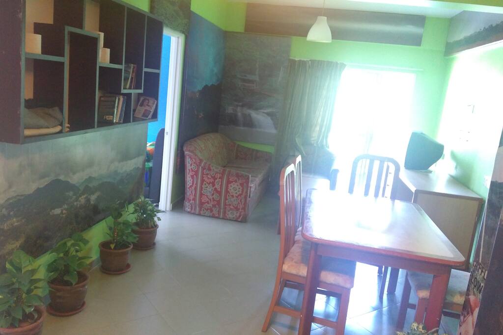 Simple living room with a balcony and a lot of plants