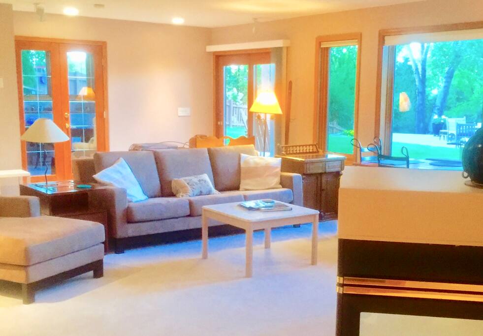 Large windows, great scenery, comfortable arrangement with dining room table overlooking backyard.