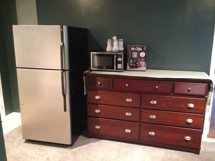 Full size refrigerator, microwave, and coffee maker for your enjoyment. No stove or oven.
