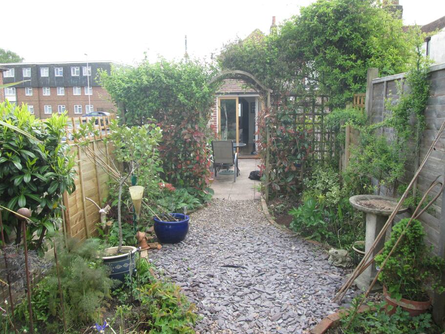 Its a long thin garden, with lots of interesting plants