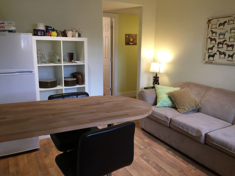 Layout from kitchen to hallway leading to king bedroom and bathroom.