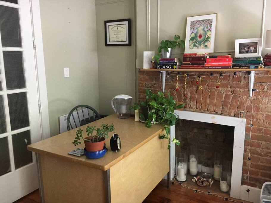 Desk/workspace + charming decorative fireplace