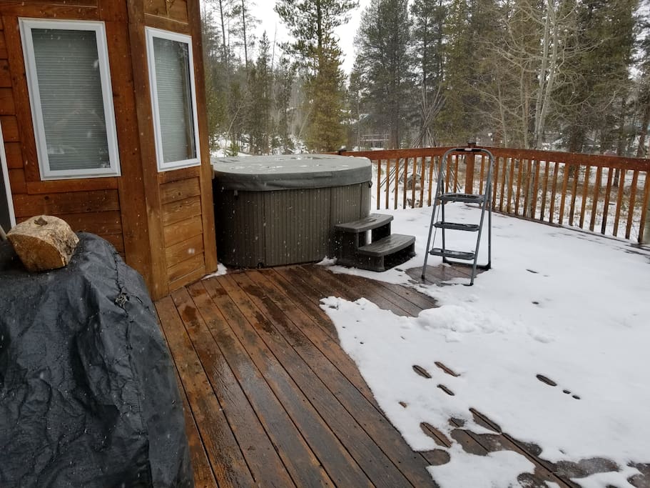 Hot Tub is just outside the recreation room, adjacent to the kitchen. Gas grill and seating (when the weather is nice).
