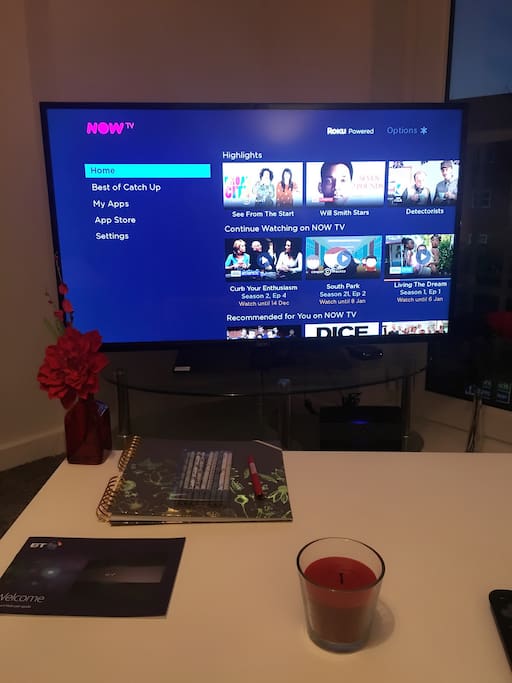Entertainment is covered, there are 50 inch TVs, High Speed WIFI, PlayStation 4, Netflix and Now TV. Some books and Monopoly games as well.