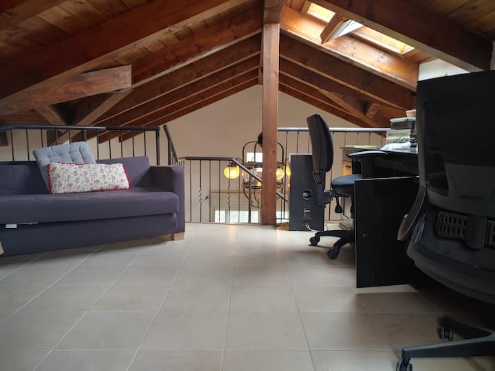 Галерия, отворена към всекидневна с прозорец и врата към покрива
