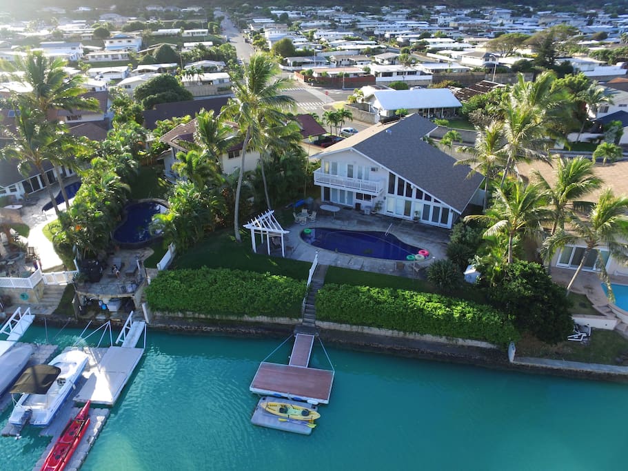 Aerial photo of the Honolulu Waterfront Villa , the private pool and dock.