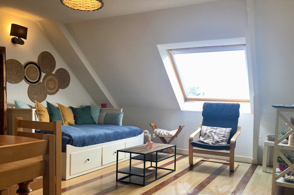 A bright living area is presented with a spacious bed featuring neutral bedding and an assortment of colorful pillows. A comfortable armchair and a small coffee table are positioned by a skylight, which allows natural light to fill the space. Decorative wall elements add warmth.