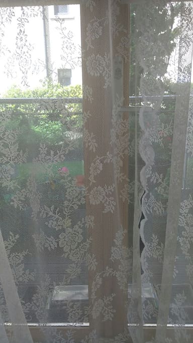 View onto quiet groomed gardens.