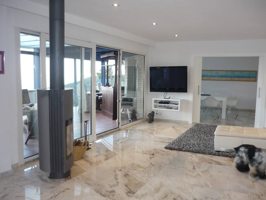 Salón con chimenea y dos zonas de sofás