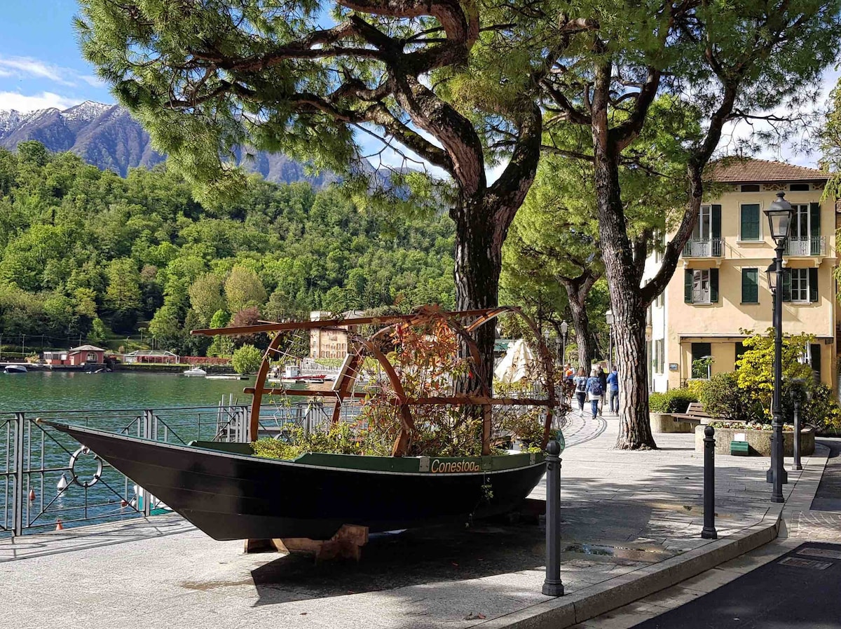 A traditional wooden boat, adorned with greenery, is positioned on the lakeside promenade. Tall trees provide shade along the walkway, with glimpses of the mountains and lake visible in the background. Nearby, pedestrians stroll leisurely along the path framed by the scenic landscape.