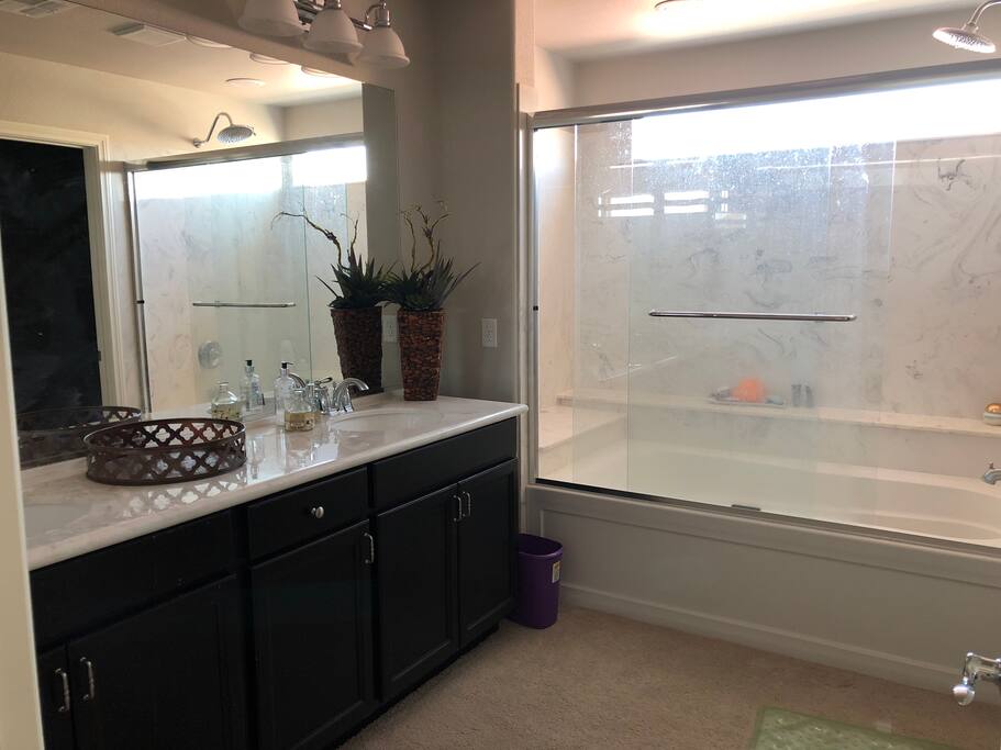 Spacious Private bathroom Shower and Tub.Toilet with separate door .