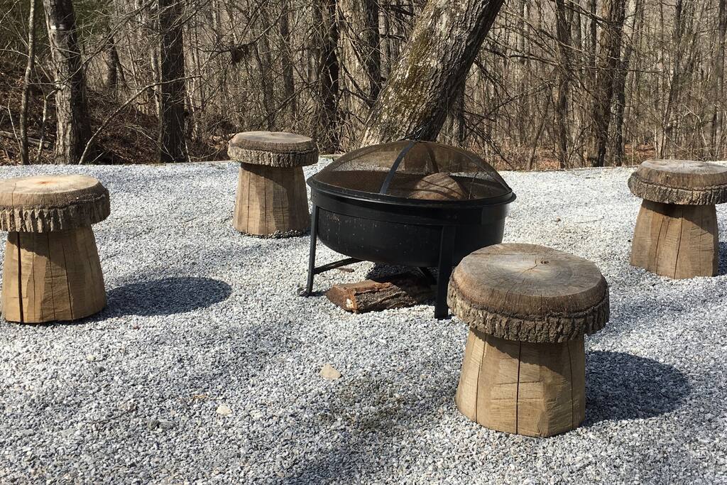 Cozy Firepit with Mushroom Stools