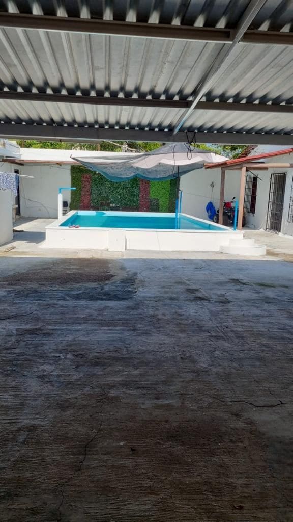 A covered outdoor space showcases a rectangular pool framed by a light-colored patio. A decorative wall with greenery is present in the background. The area features concrete flooring, providing ample room for gatherings. Blue chairs are situated near the pool, contributing to a relaxed environment.