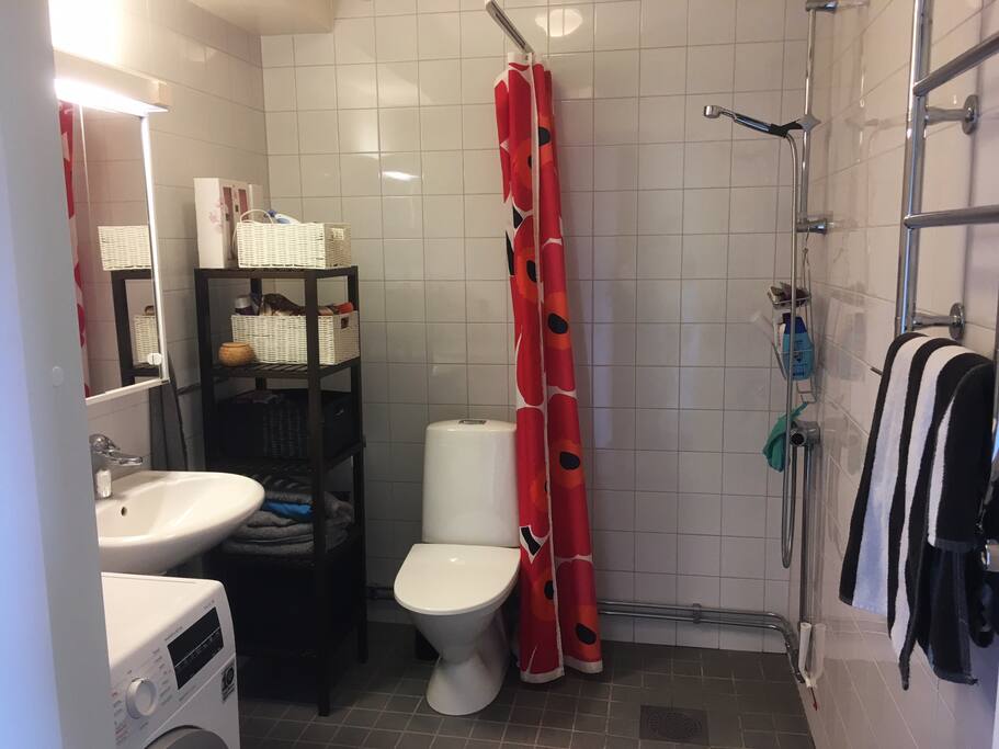 badrum med dusch och tvättmaskin