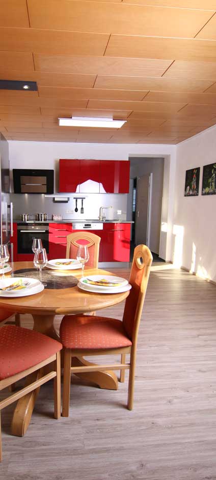 A modern kitchen space features stylish red cabinetry and stainless steel appliances. A round dining table is set with plates and glasses, accompanied by wooden chairs. Natural light brightens the room, highlighting the open floor plan and sleek design.