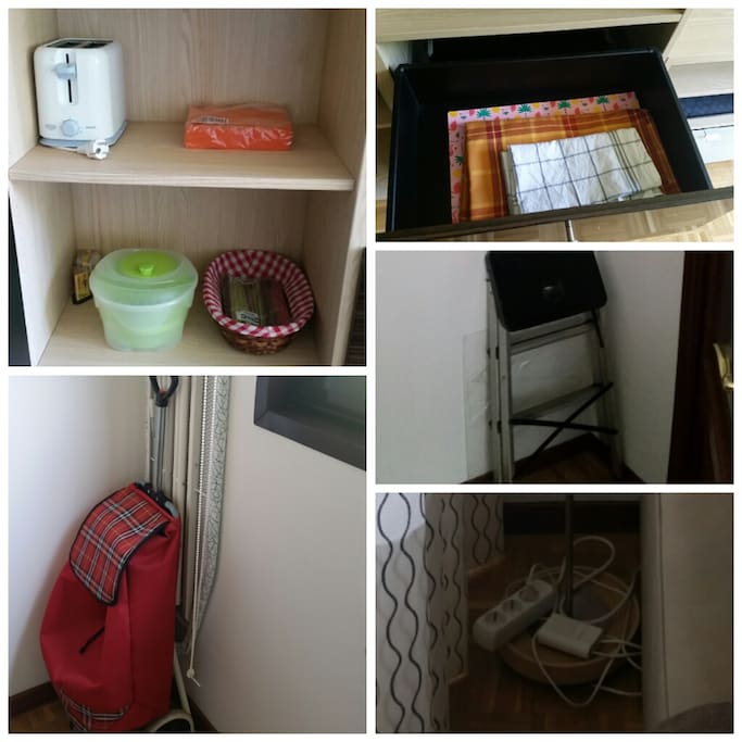 Toaster, salad spinner, shopping trolley, ironing board, tablecloths, extensions, ladder.