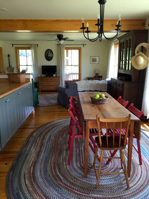 Family farm table easily seats six with a beautiful view of the meadow!
