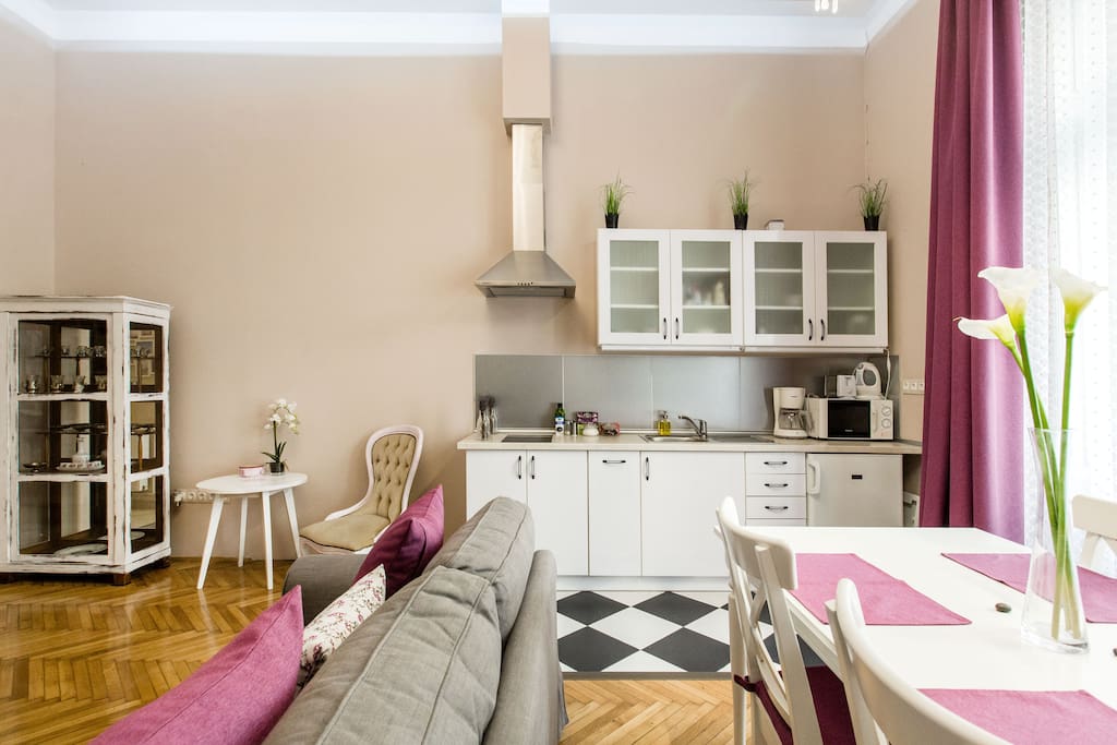 Living room with American style kitchen