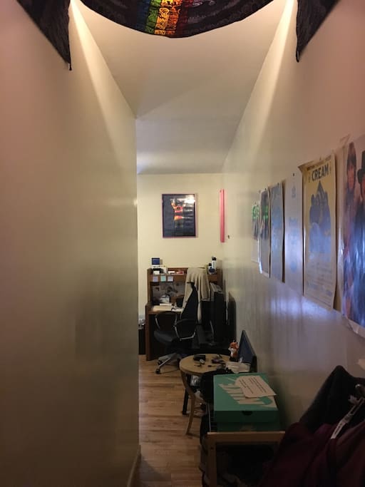 This is the hallway leading to the living room and the view when you walk through the door. I love music so there are various music posters as well as a tapestry hanging above.