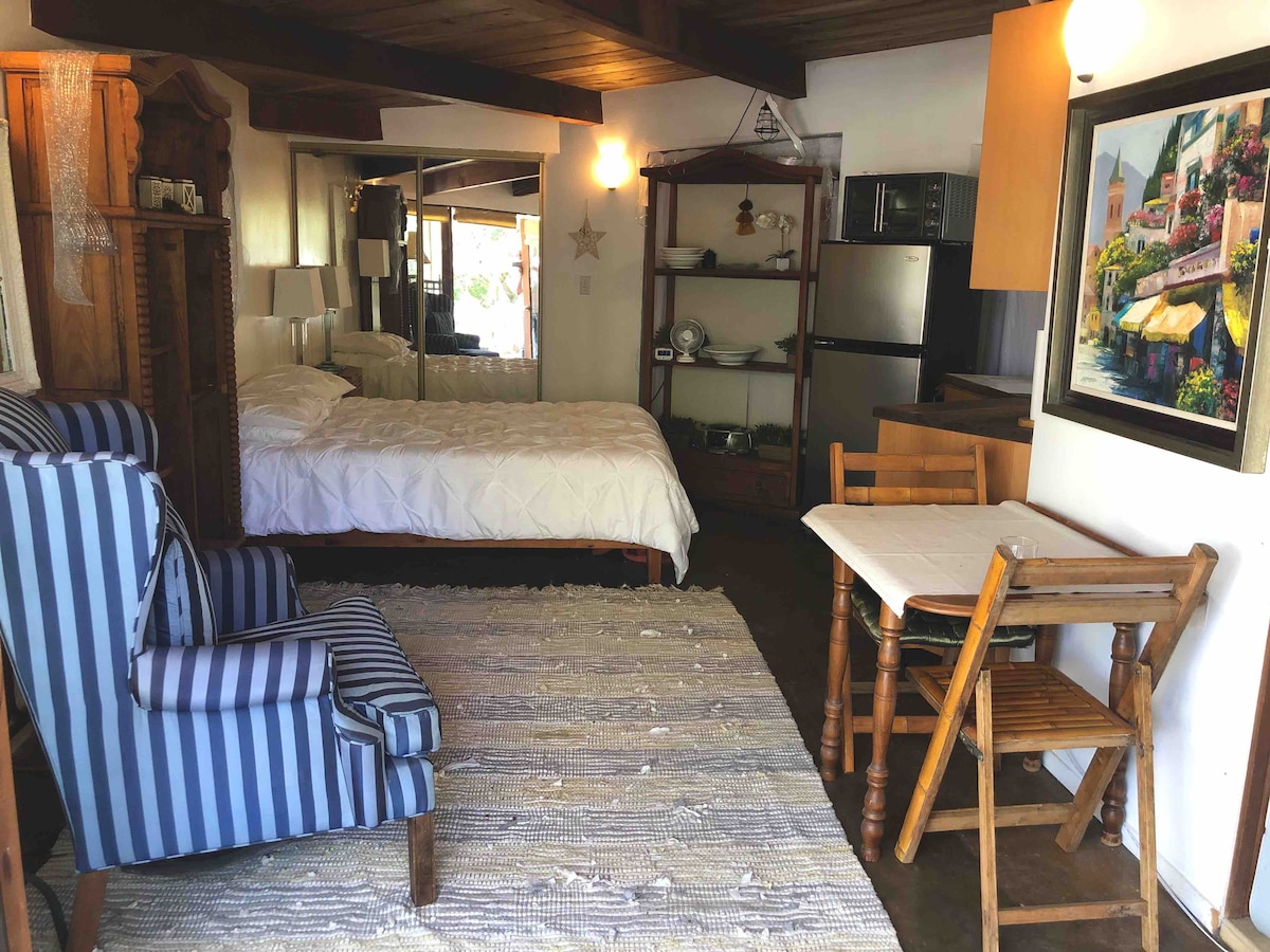 A spacious studio layout is presented, featuring a queen bed with white bedding and a mirrored wall. A striped armchair sits beside a light-colored rug, while a small wooden table and chairs provide a dining area. Kitchen appliances are visible in the background, along with artwork.