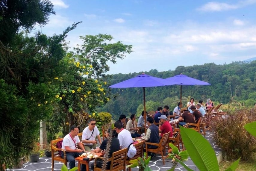 An outdoor dining area is presented, featuring wooden tables and chairs under purple umbrellas. Guests are seated, enjoying their meals with a scenic view of lush greenery and distant hills, creating a relaxed atmosphere for social gatherings.