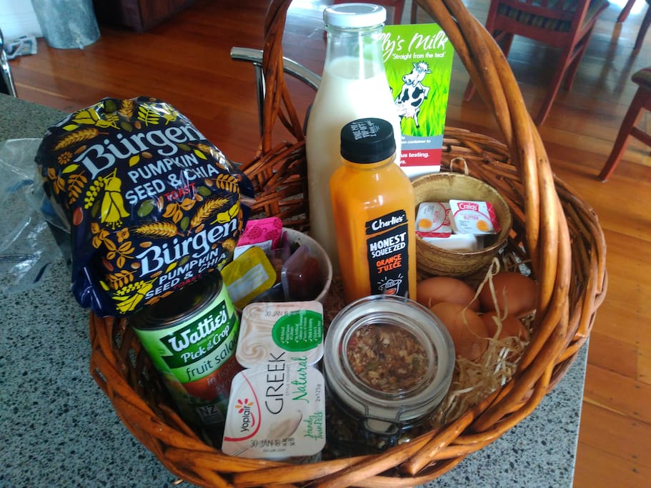 Scrumptious breakfast basket provided for 2 people.