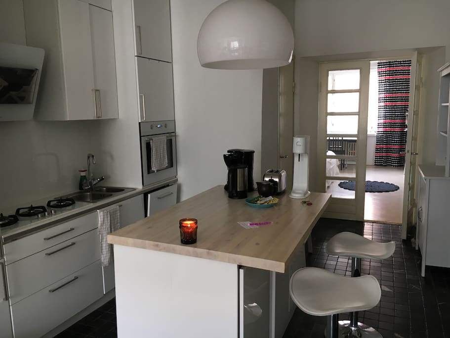 The kitchen has everything one needs: an owen, microwave, gas stove, coffee maker, water boiler, cutlery, pots & pans etc. Our hobby is cooking which tells a lot :)
