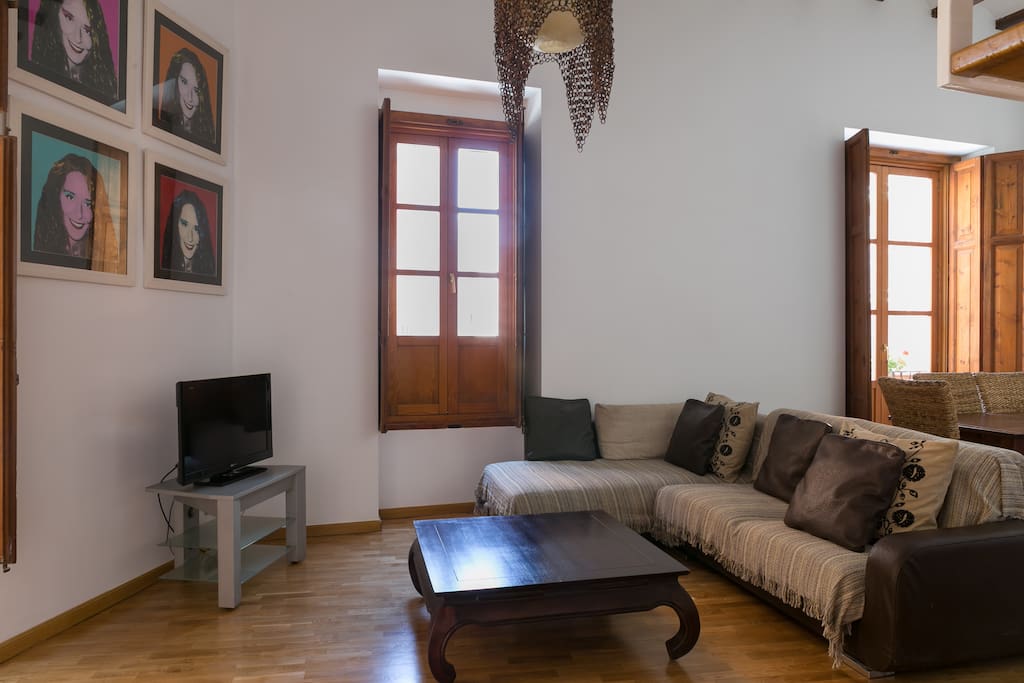 Amplio Salón con techos altos y vigas de madera equipado con TV-HD. Spacious living room with high ceilings and wooden beams equipped with HD-TV.
