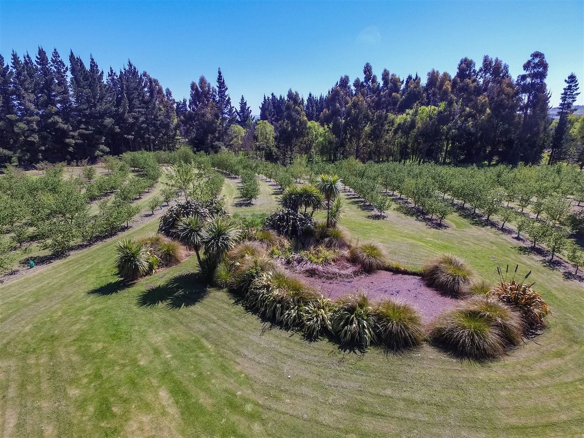 An aerial view showcases a landscaped garden surrounded by orchard rows. Diverse greenery, including trees and shrubs, creates a serene environment. The lawn is well-maintained, leading to an arrangement of plants and flowers at the center, highlighting the peaceful countryside setting.