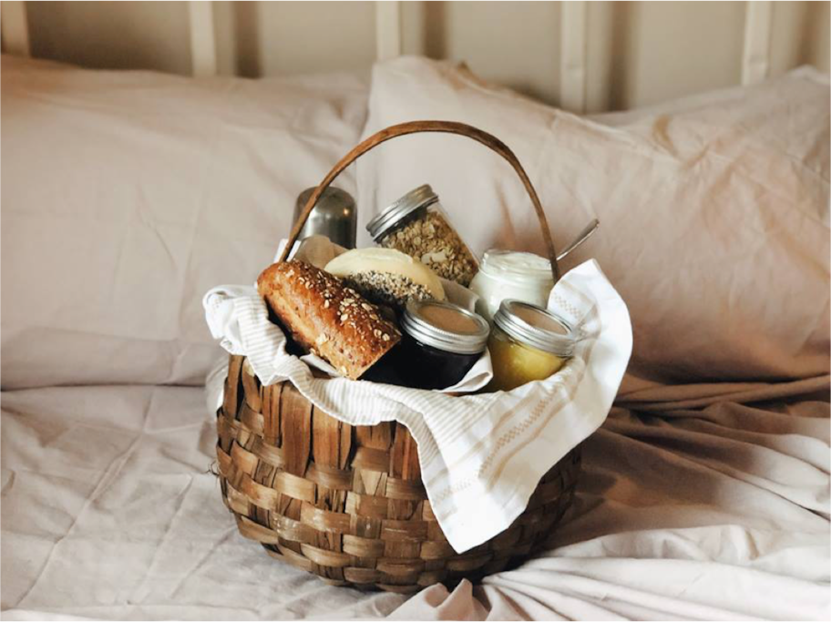 At The Lady Pomona breakfast is served in a picnic basket, left by your door of your room every morning. It's up to you to choose whether you prefer breakfast in bed, in the sunroom or in the garden. The basket is filled with fresh bread, other local treats and coffee or the - whichever you prefer.