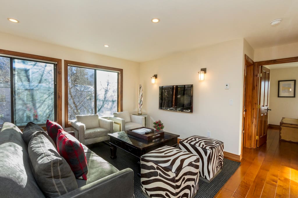Cozy newly redecorated in 2018 Aspen contemporary living room with sweeping views of Aspen Mt