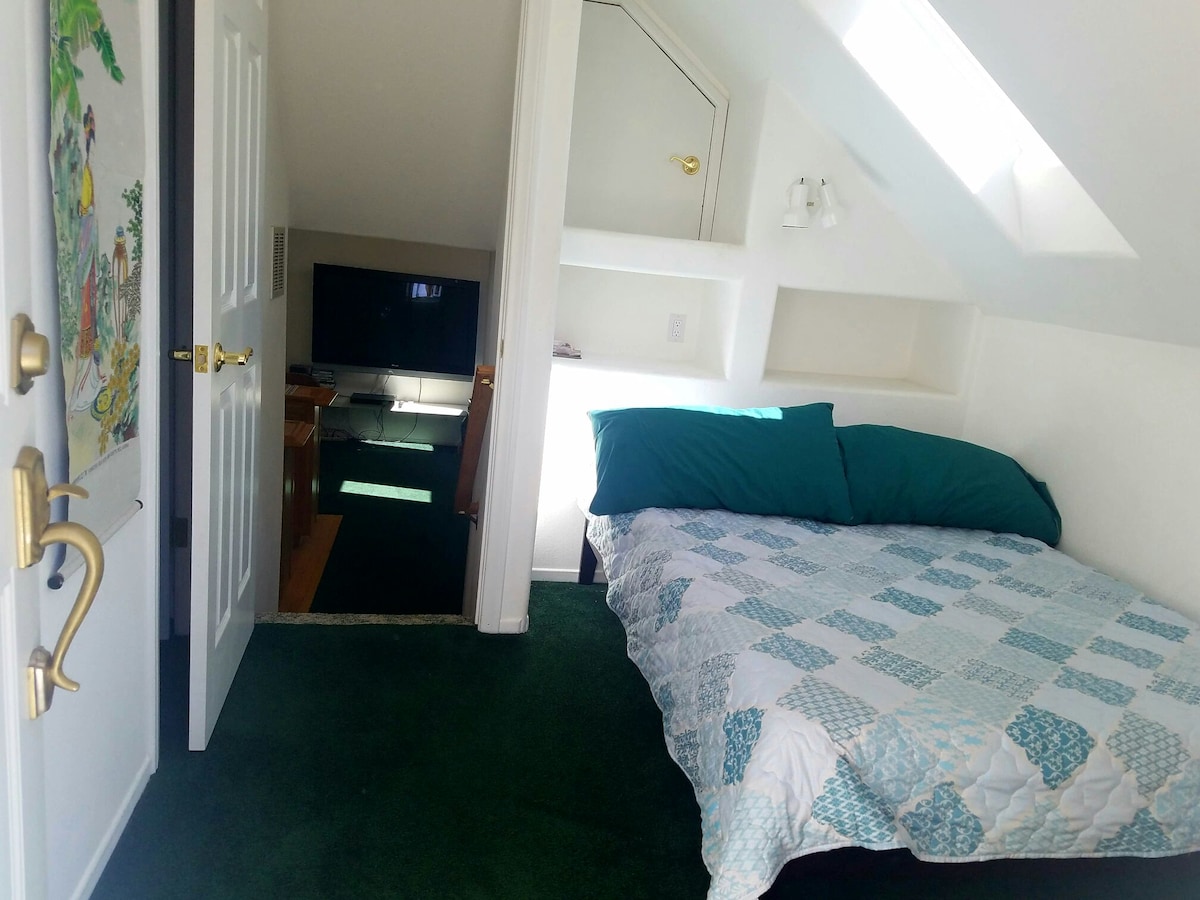 Second Bedroom with skylight perfect for watching the stars (also includes balcony, and private restroom). A step down stairs to living room area in view.