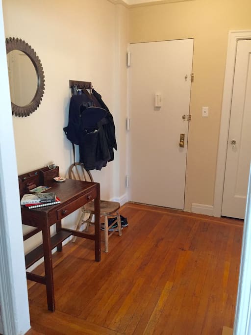 The door to the apartment, with the kitchen off to the right.