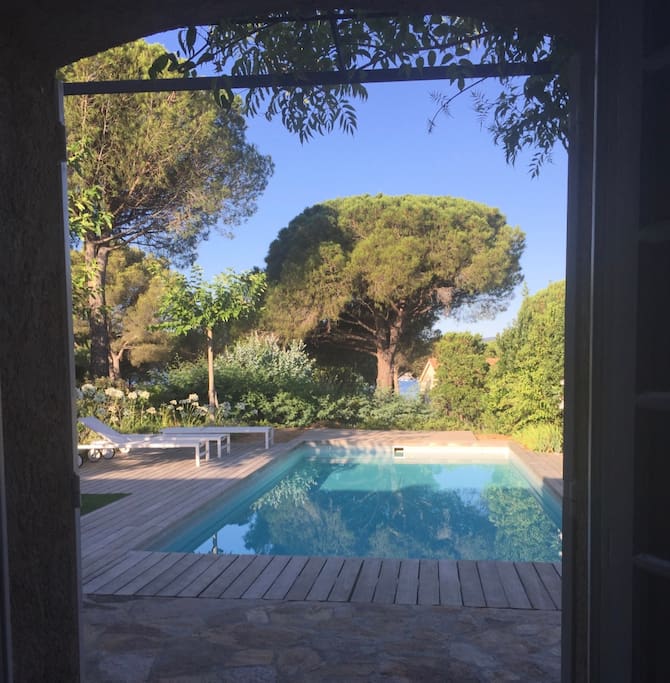 View through the French door a bedroom in the morning