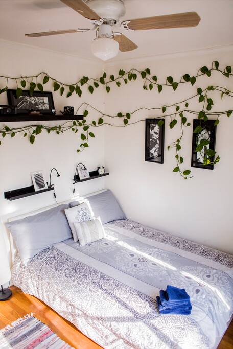 The room is decorated with photos of old Hollywood, and a real plants that surrounds the room.
